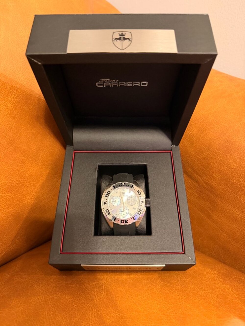 Torino Carrero Men's Chronograph Watch White Dial Rubber Strap New in Box